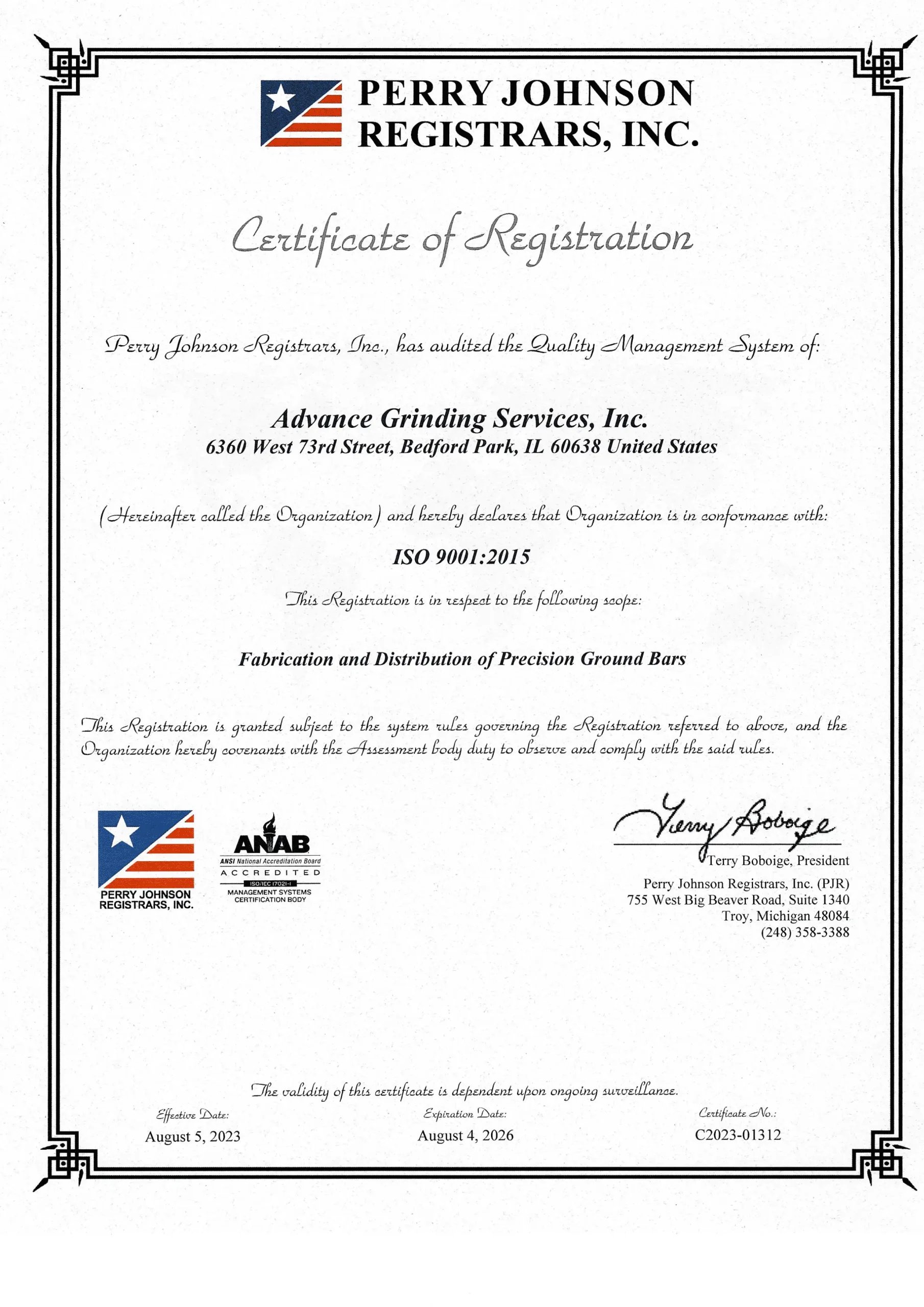 Advance Grinding Services ISO 9001 2015 Certification Aug 4 2026